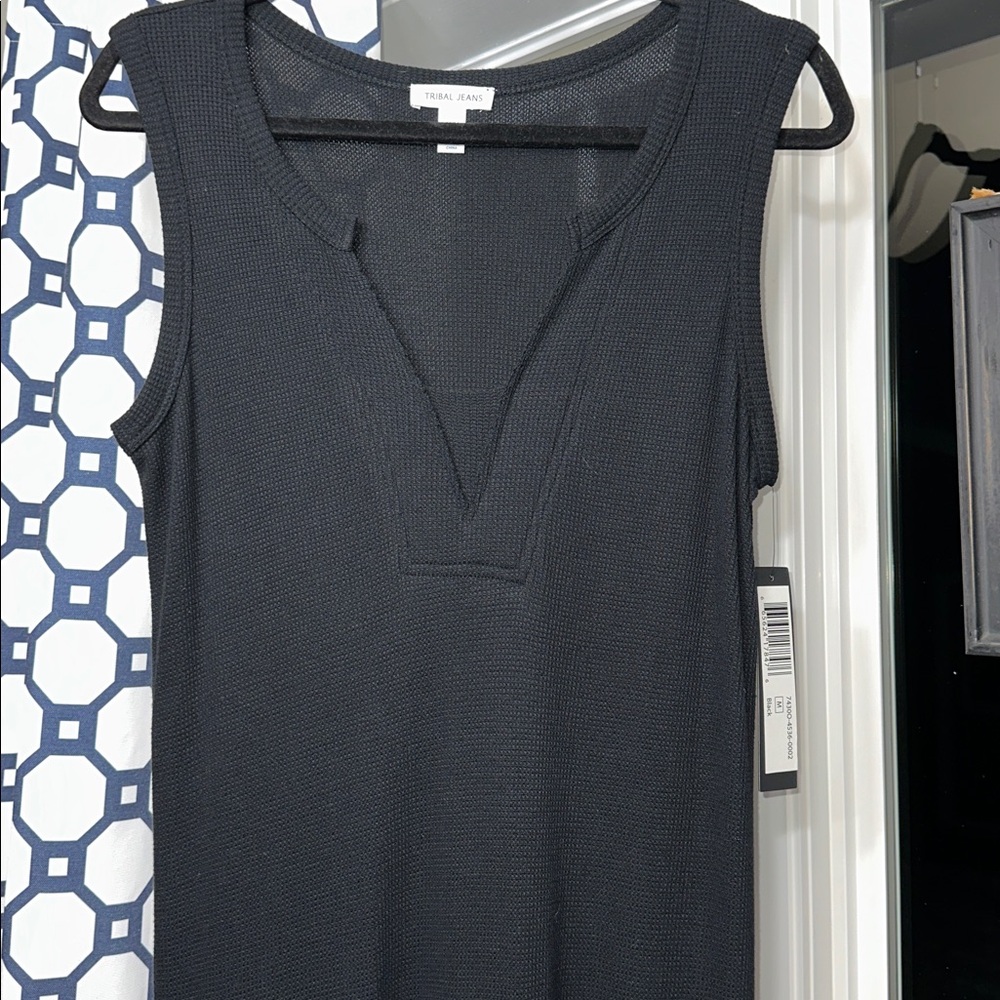 Sz M 🇨🇦⭐️Nwt Tribal Summer 2022 Black Henley Style V Neck Casual Dress PTP 19”